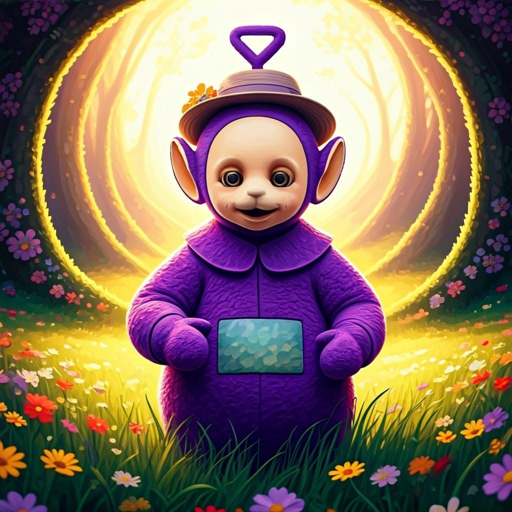 Vibrant Teletubby in Whimsical Meadow Landscape