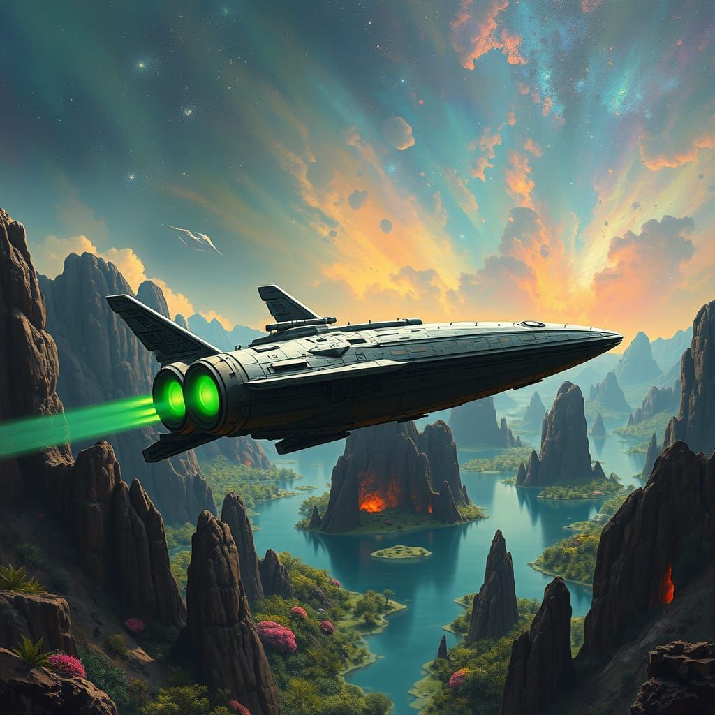 Dieselpunk Spaceship Over Alien Jungle Lake