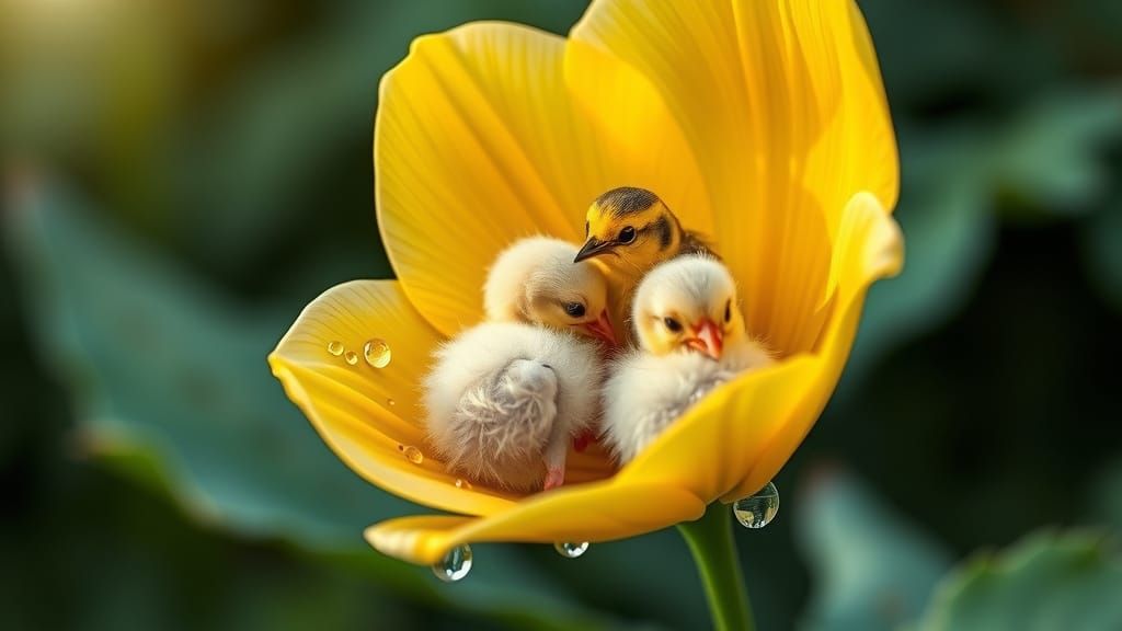 A Bird's Gentle Care in a Vibrant Yellow Flower