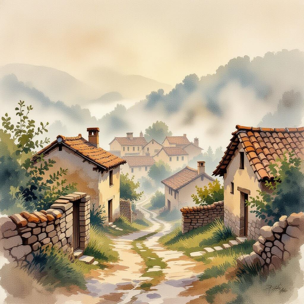 Misty Sepia Village Watercolor Painting