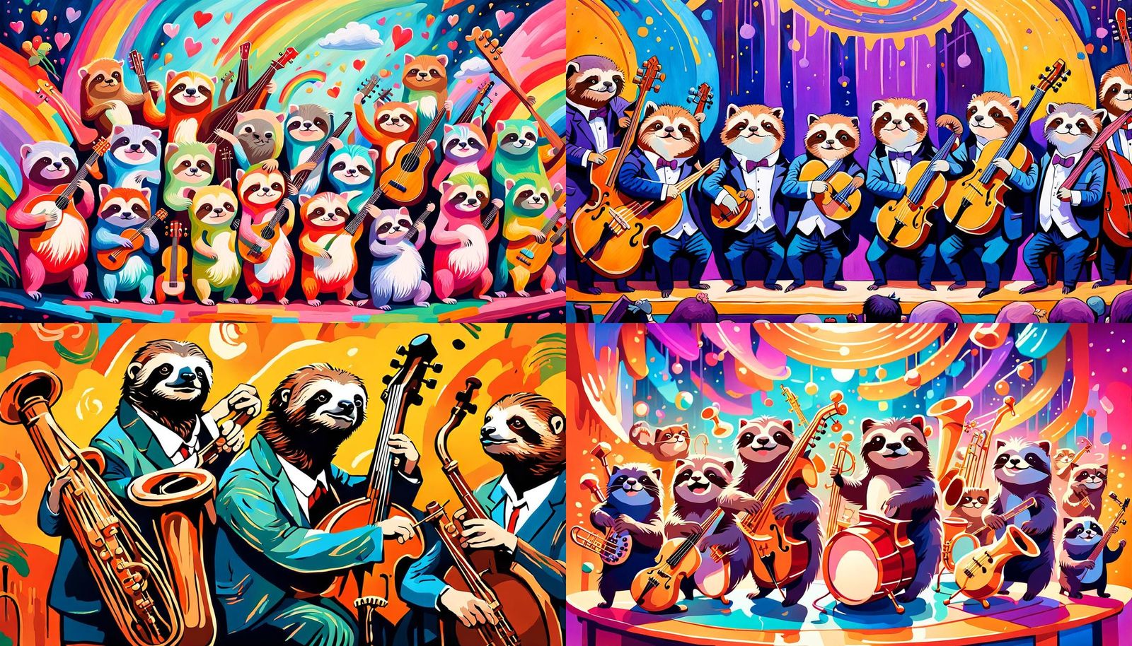 Sloth Jazz Band for Chibi Cats, Acrylic Painting
