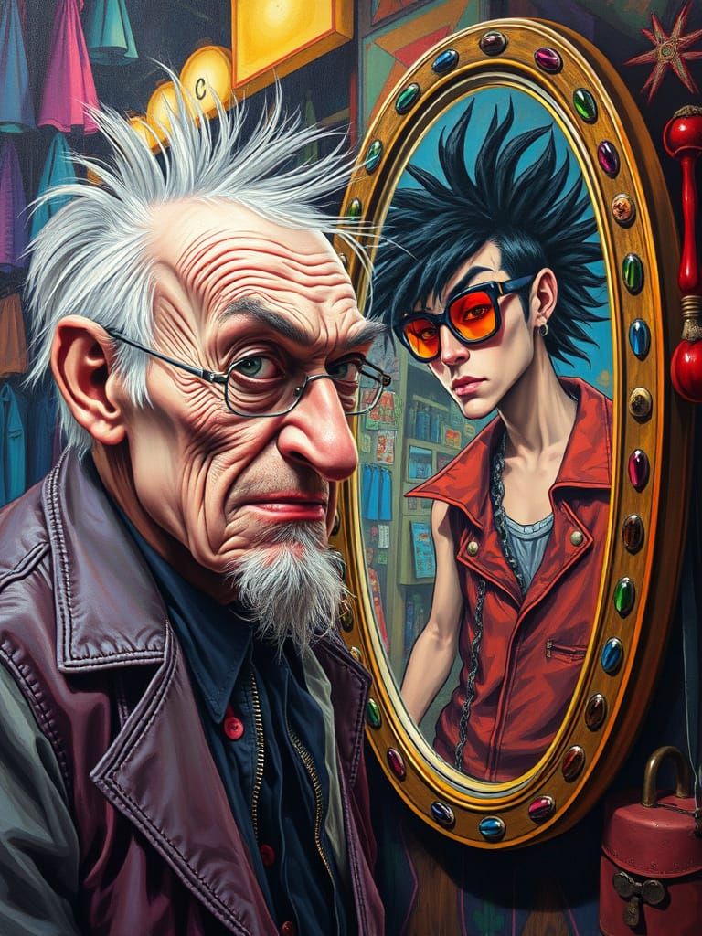 Old Punk Confronts Youthful Reflection in Psychedelic Shop