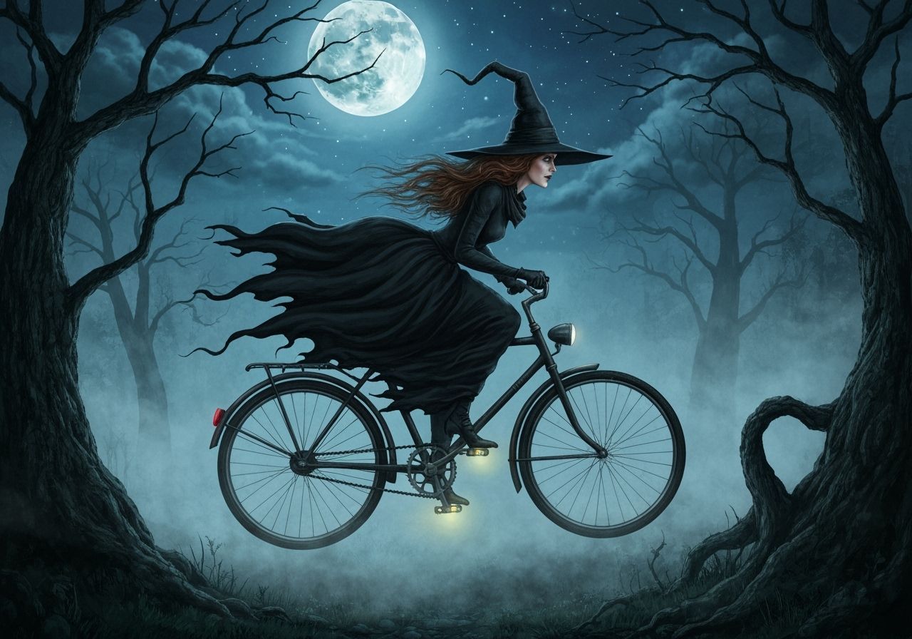 Witch Rides Bicycle Through Eerie Forest Night