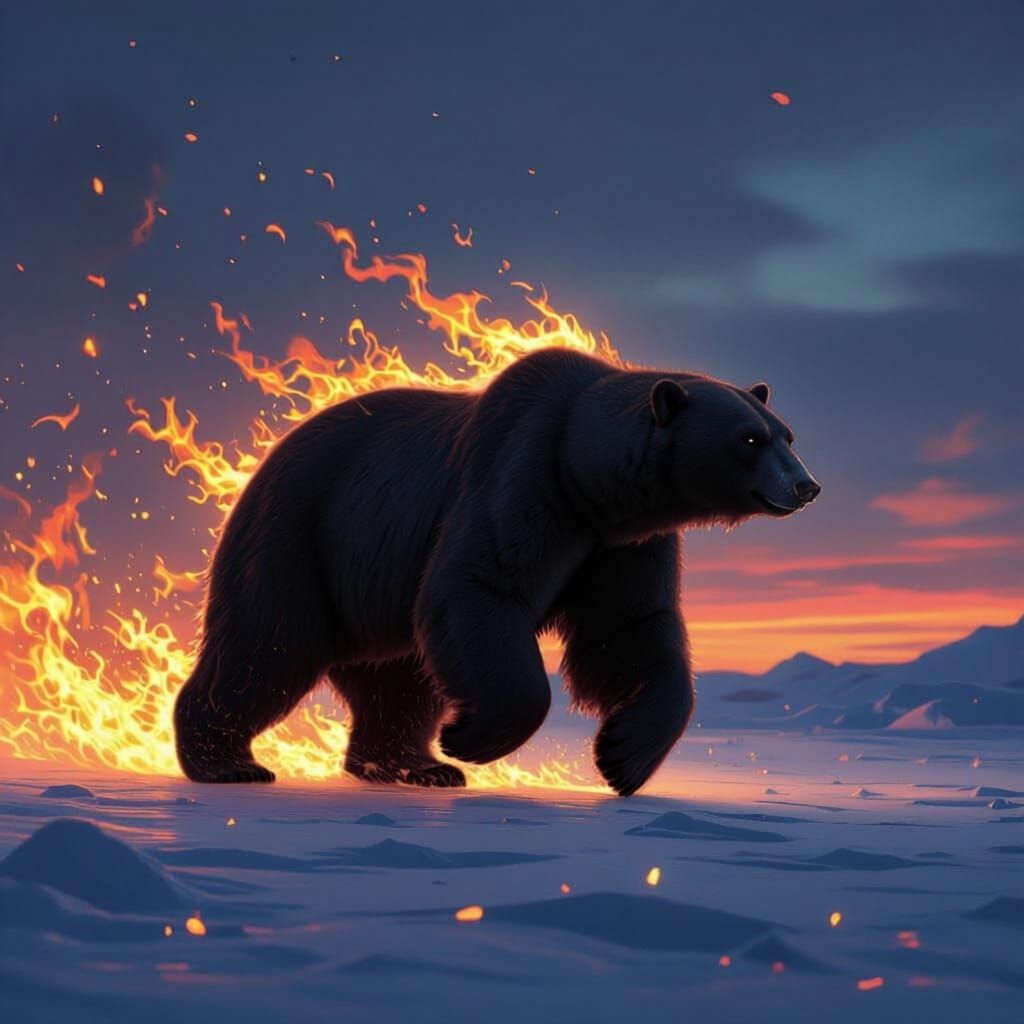Flaming Polar Bear Silhouette Against Twilight Sky