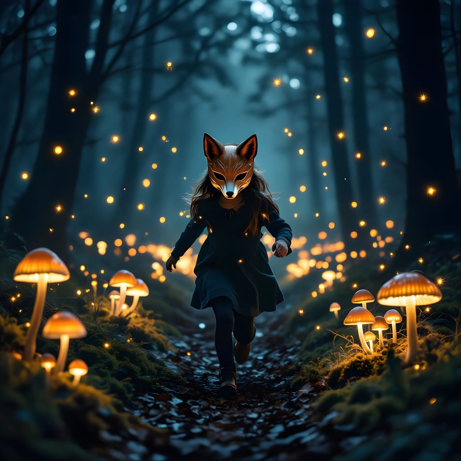 Mysterious Forest Run: Girl with Fox Mask, Glowing Fungi