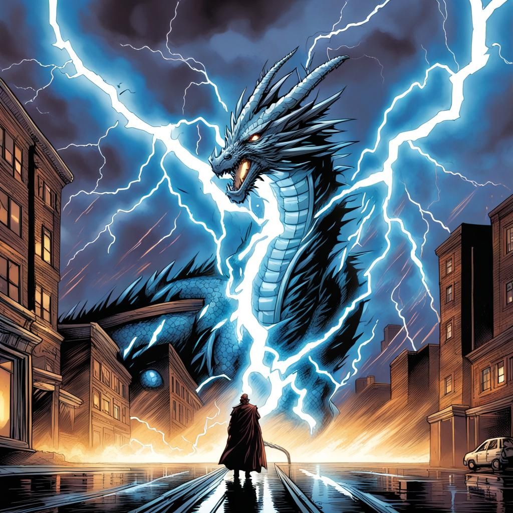 Lightning Dragon in Thunderstorm, Comic Book Art