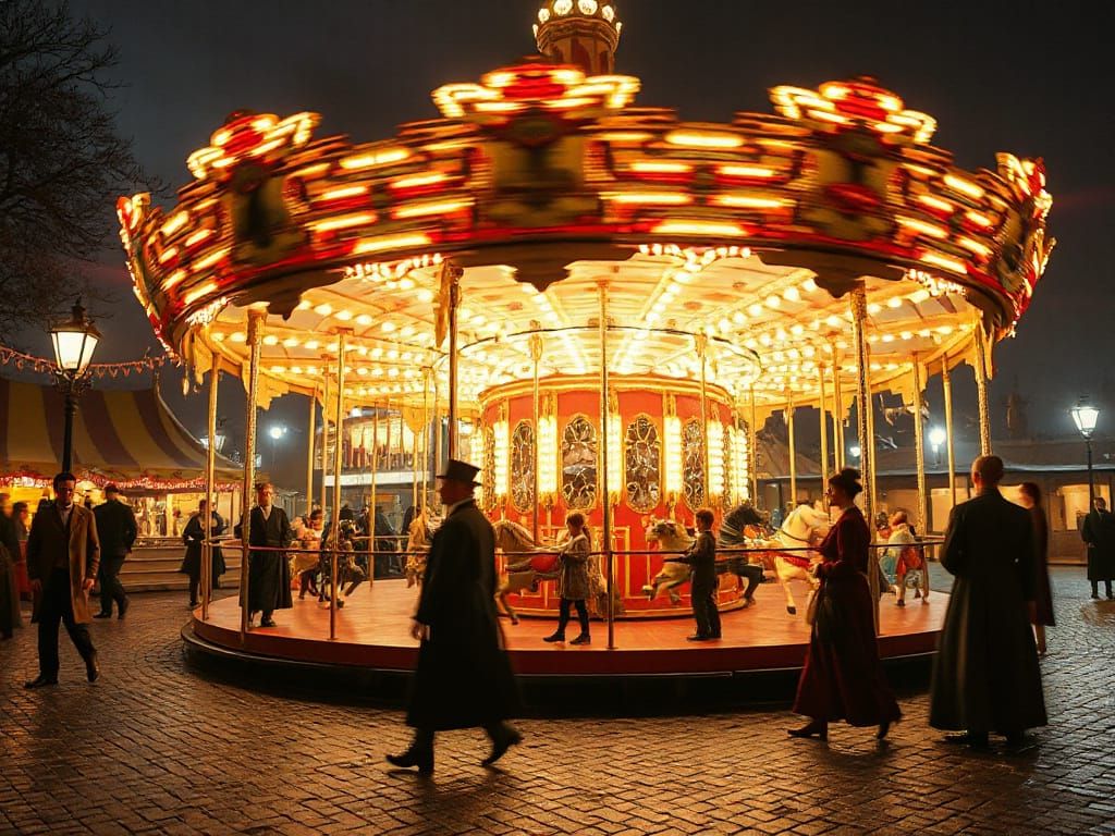 Victorian Fairground Carousel at Night