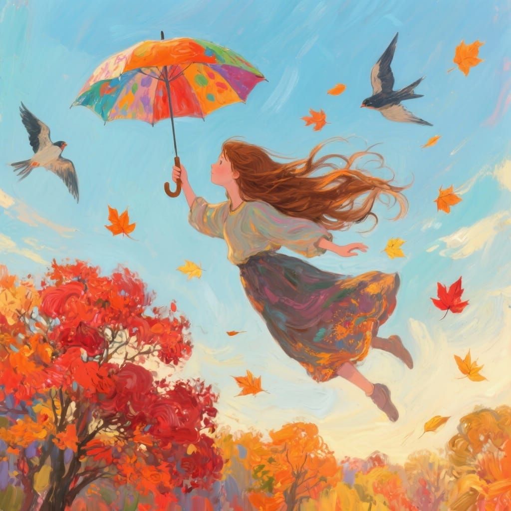 Girl Flying with Umbrella in Autumn Sky