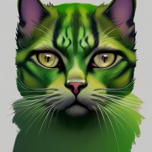 Cartoon Green Cat Portrait in Hyperdetailed Style