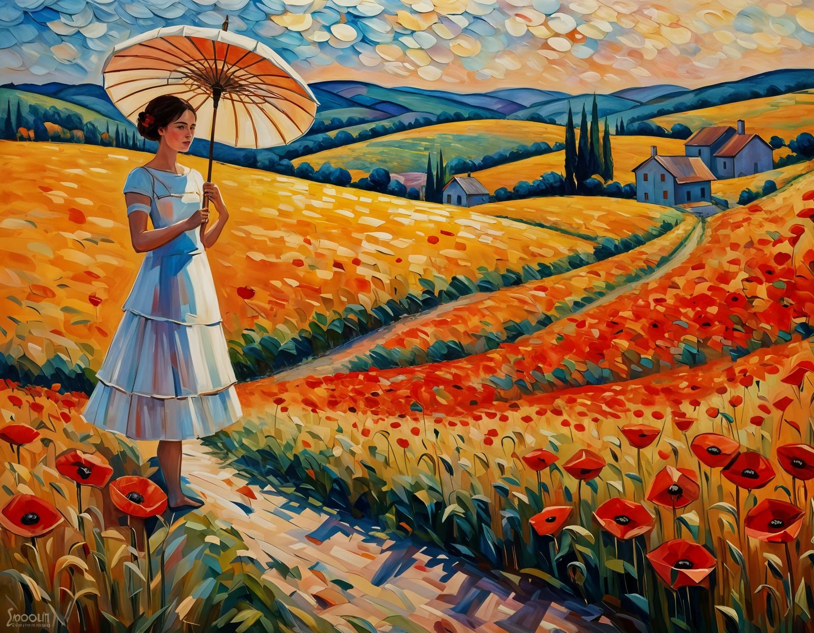 Girl with Parasol in Wheat Field, Expressionist Style