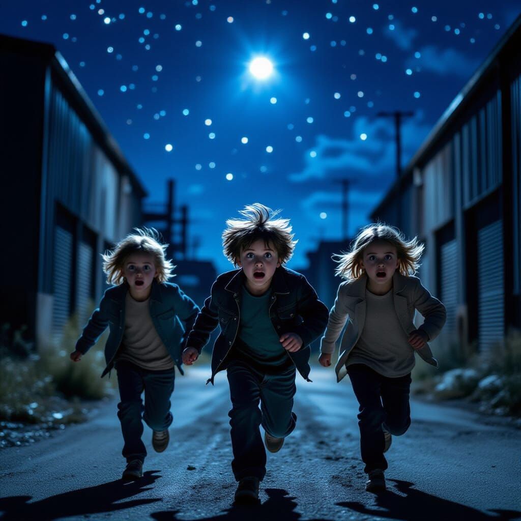 Children Fleeing Warehouse in Dramatic Night Scene