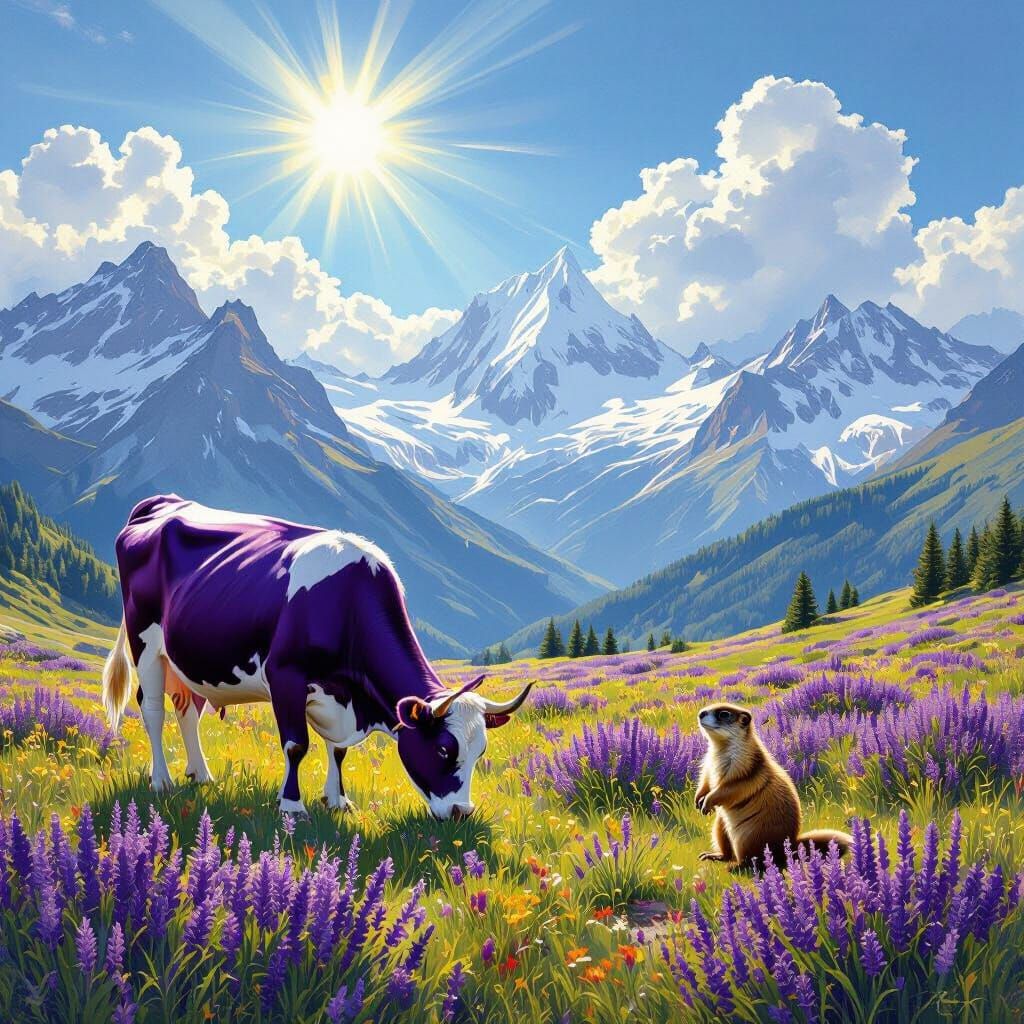 Vibrant Alpine Meadow with Purple Cow and Snowy Peaks
