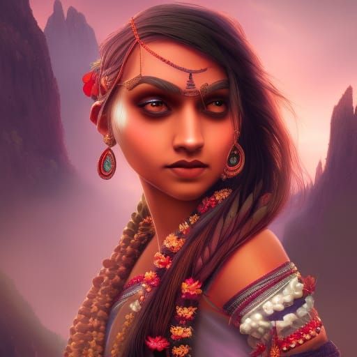 Gaming Indian Girl in Saree: Detailed Matte Painting