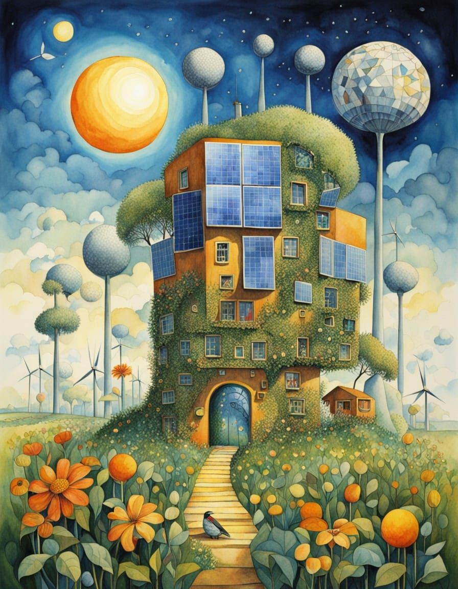 Surreal Solarpunk Cityscape with Nature and Tech in Harmony