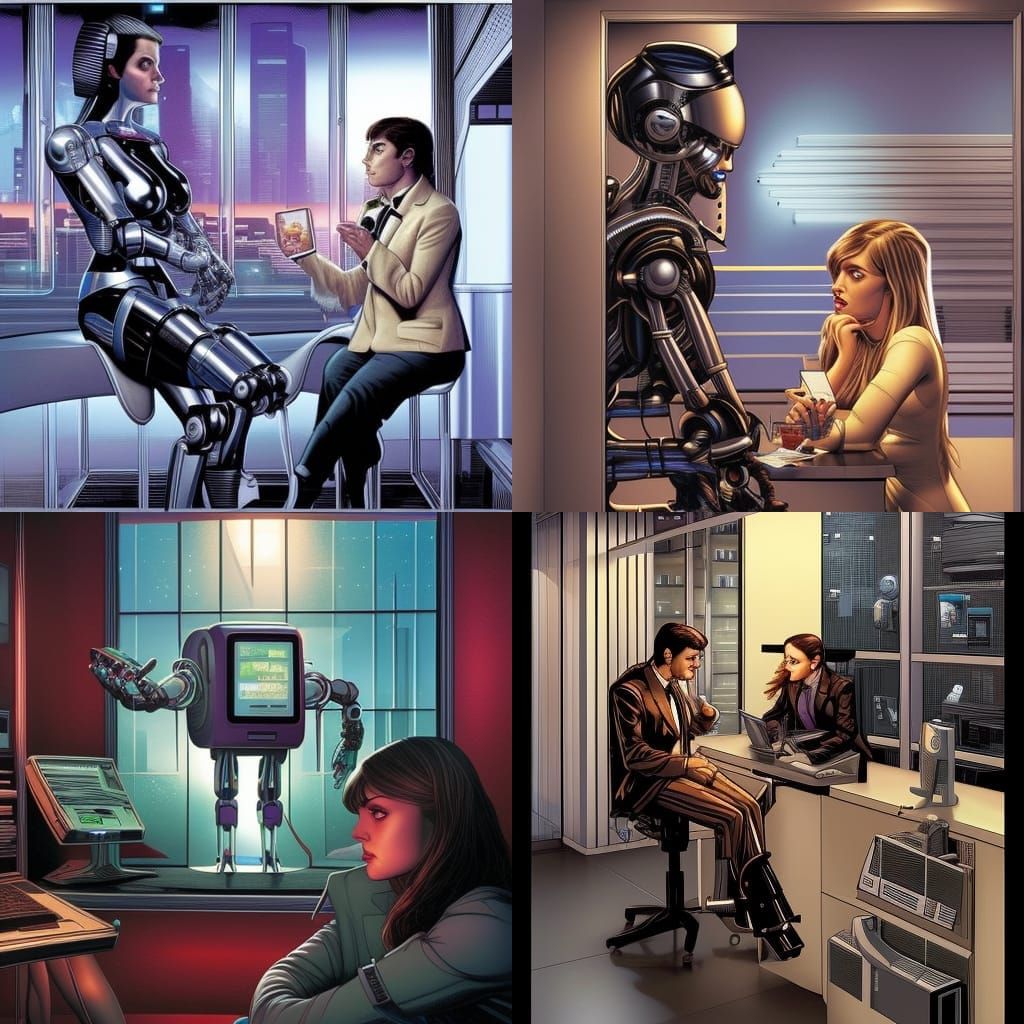 Futuristic Robot Conversation in Comic Book Style