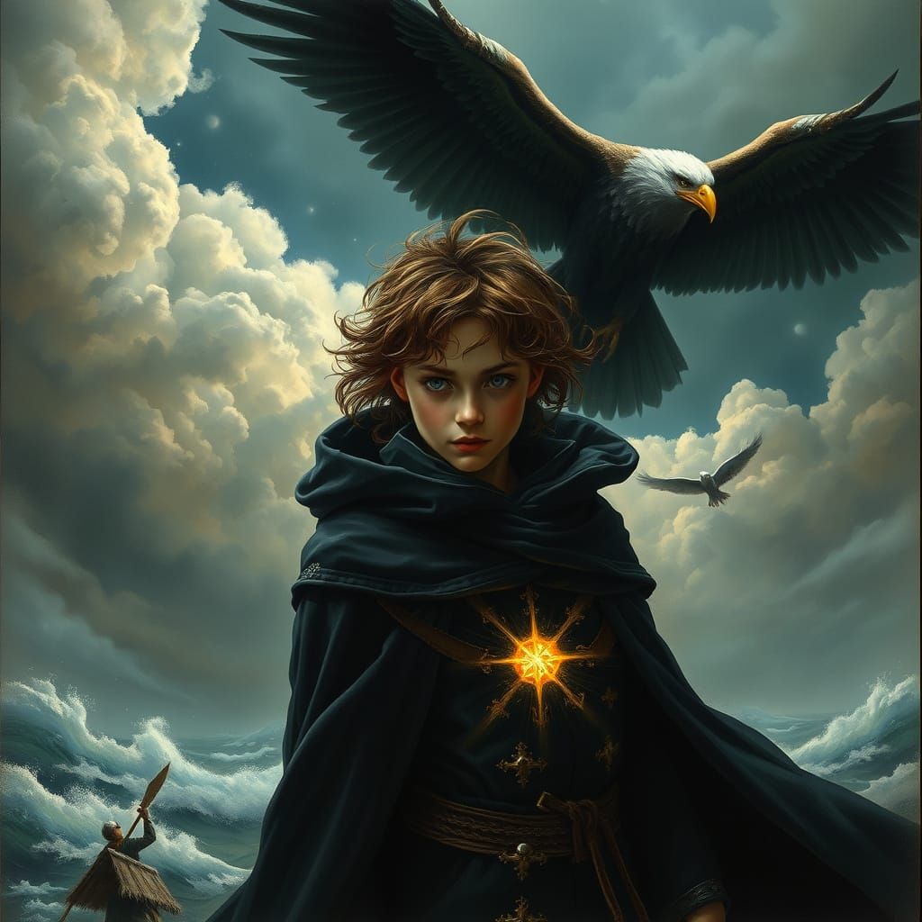 Majestic Sorceress Against Stormy Seas in a Dark, Mysterious...