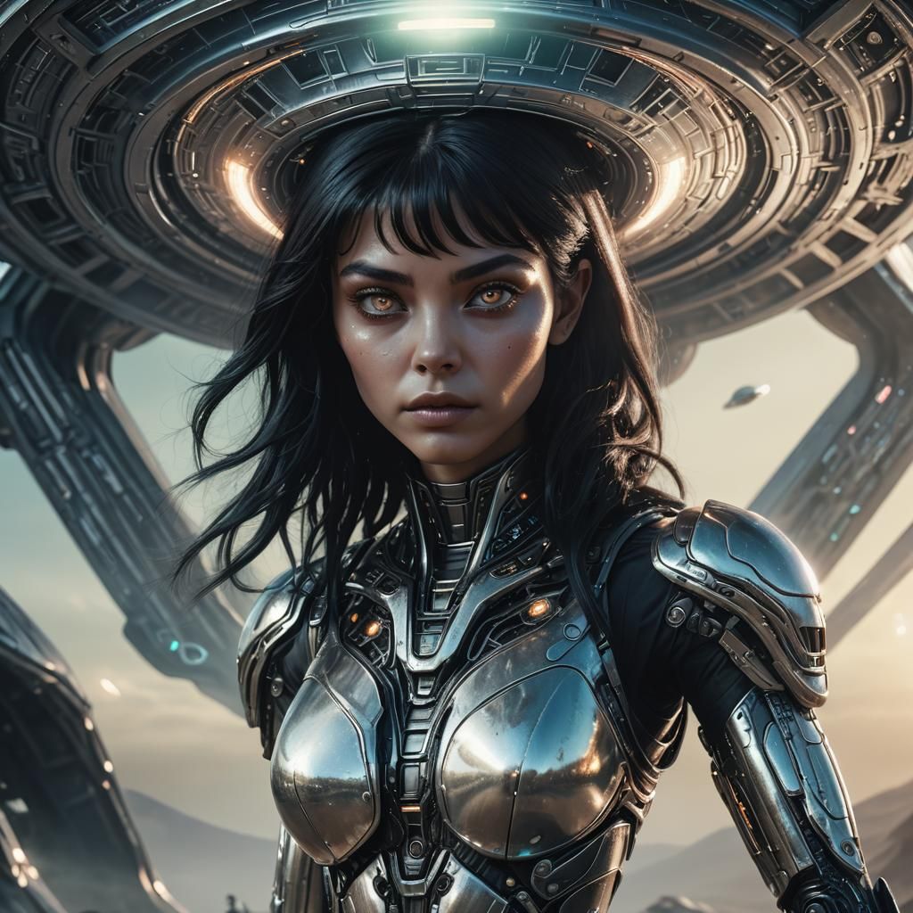 Alien Woman Near UFO in Sci-Fi Concept Art