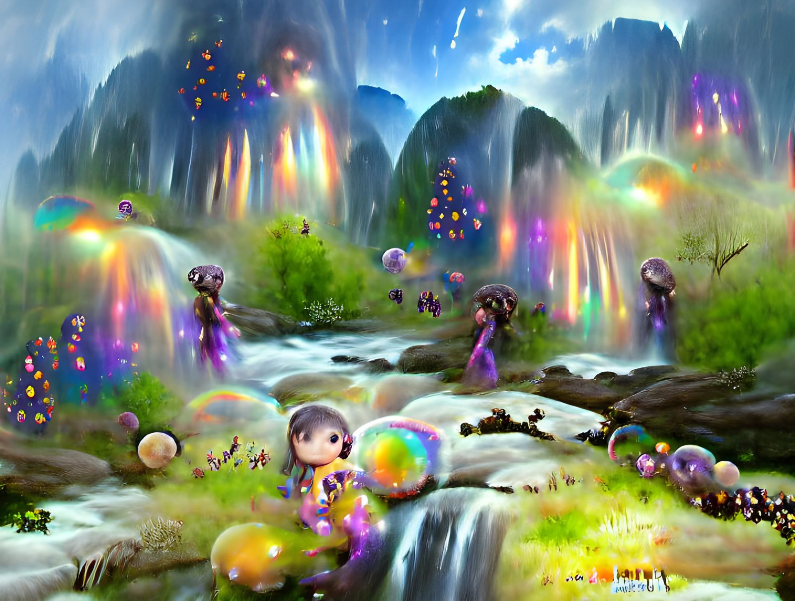 Rainbow Waterfall Fairy Landscape with Golden Orbs