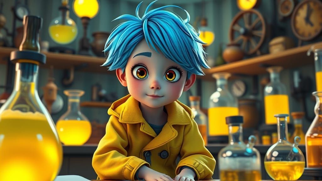Blue-Haired Girl in Whimsical Animated Lab
