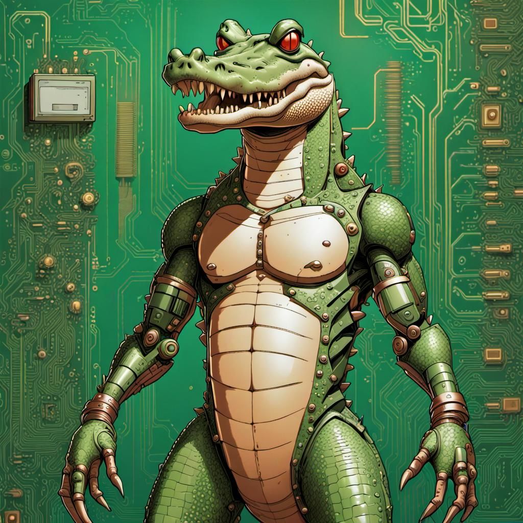 Adorable Cyborg Crocodile in Retro Comic Style