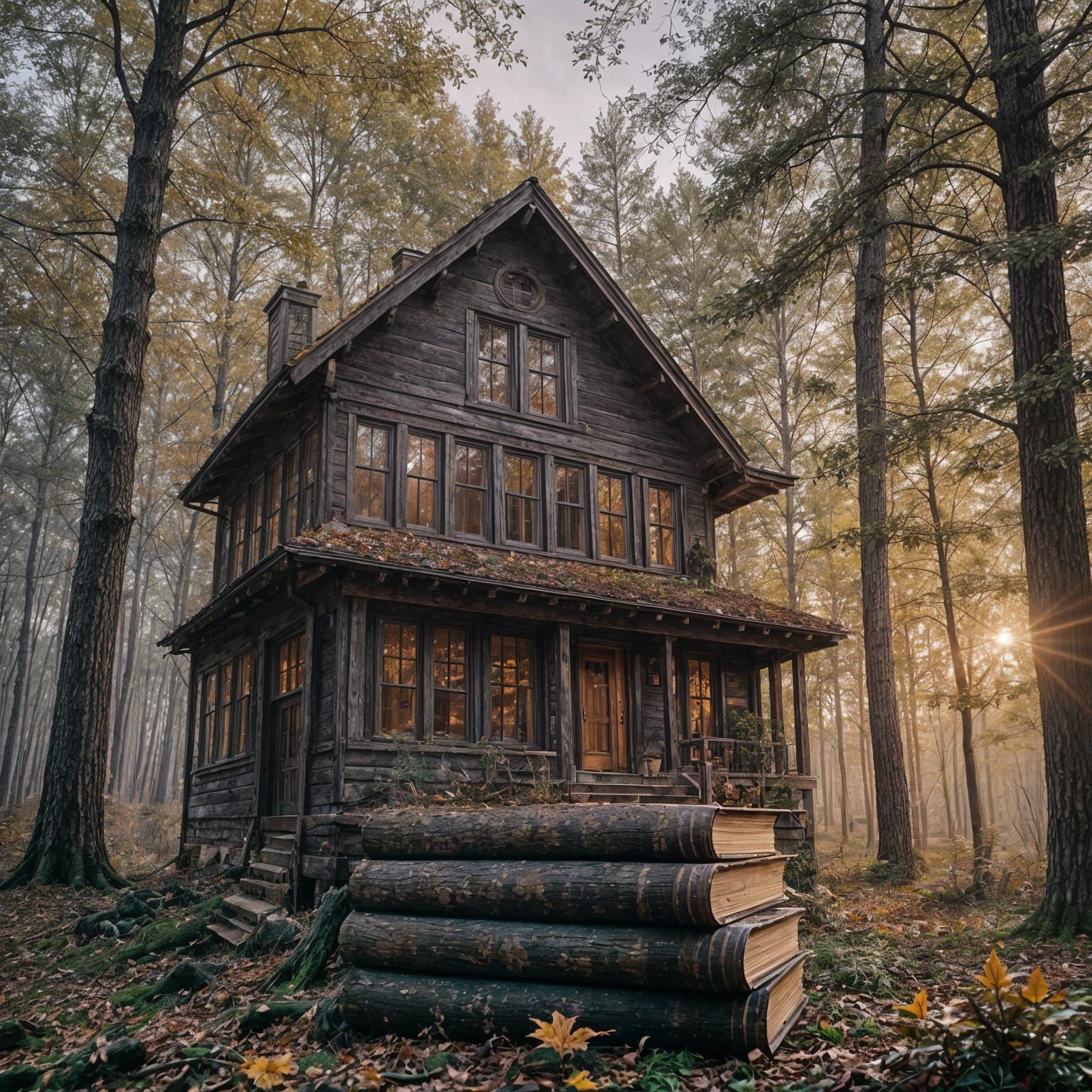 Book House in Purple Forest: Cinematic Still