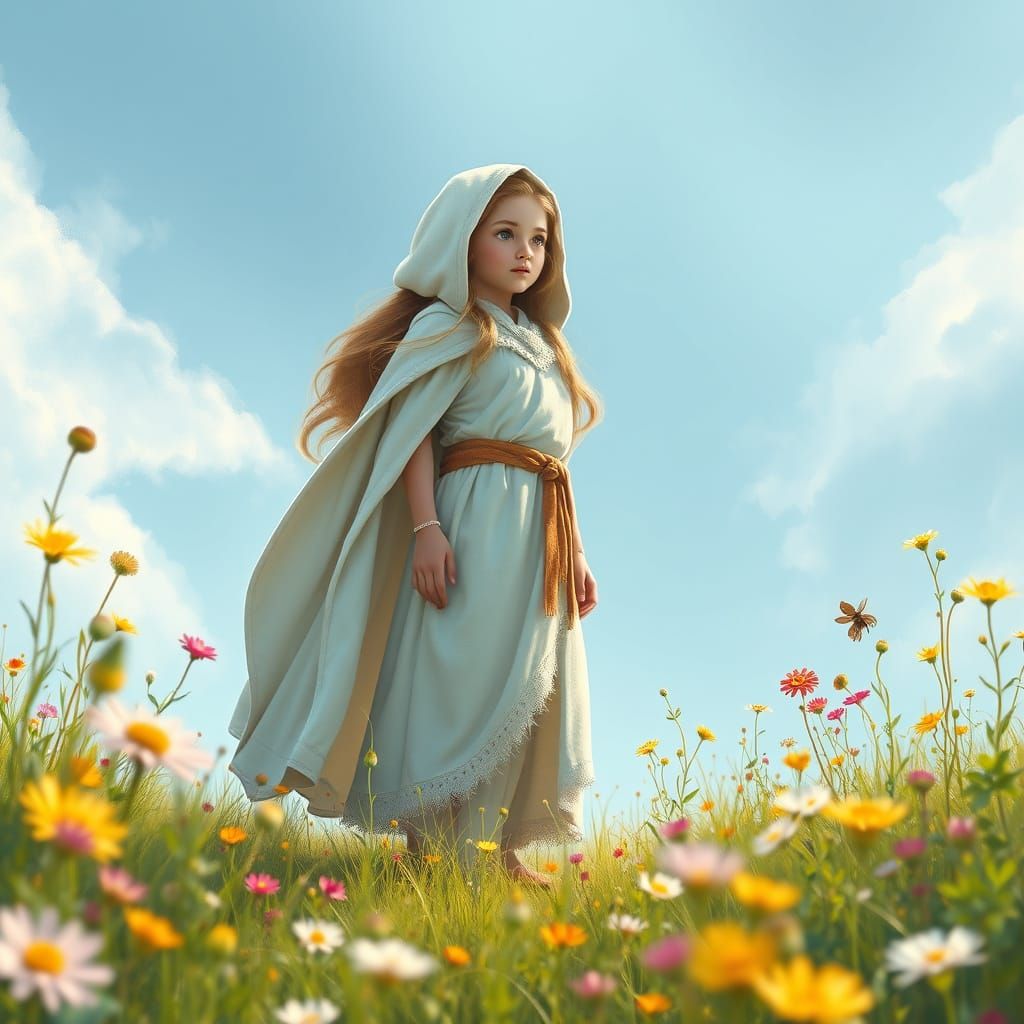 Brave Girl in Wildflower Meadow, Whimsical Pastel Style