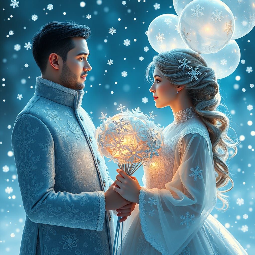 Snowflake Couple in Art Nouveau Winter Scene