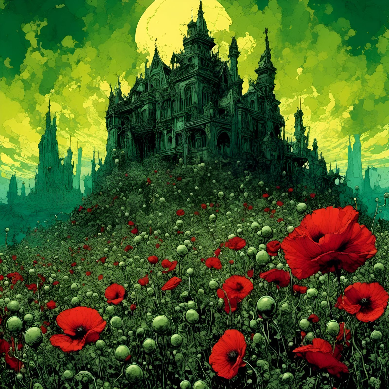 Dystopian Emerald City Ruins with Poppies