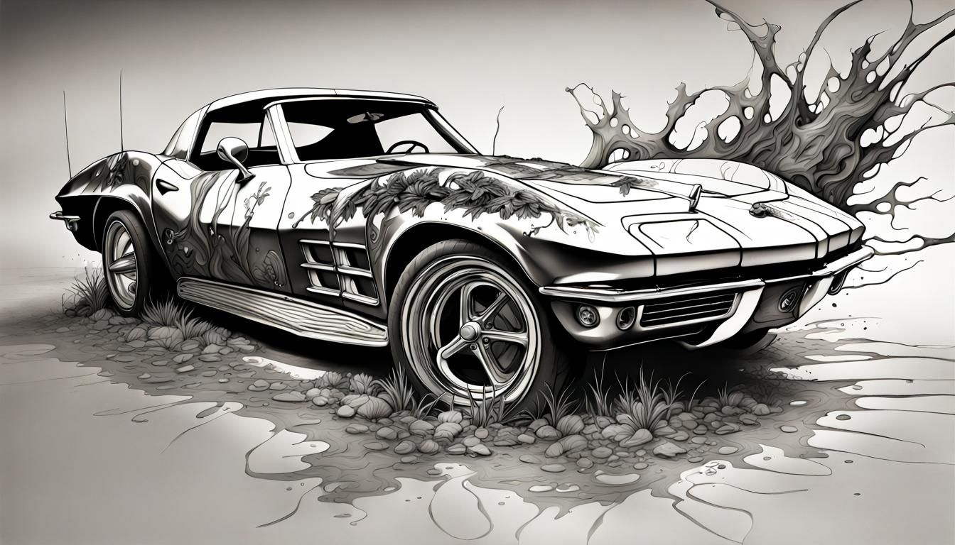 Detailed '69 Corvette in Coloring Book Style