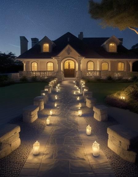 Illuminated Stone Walkway to Beach House at Twilight