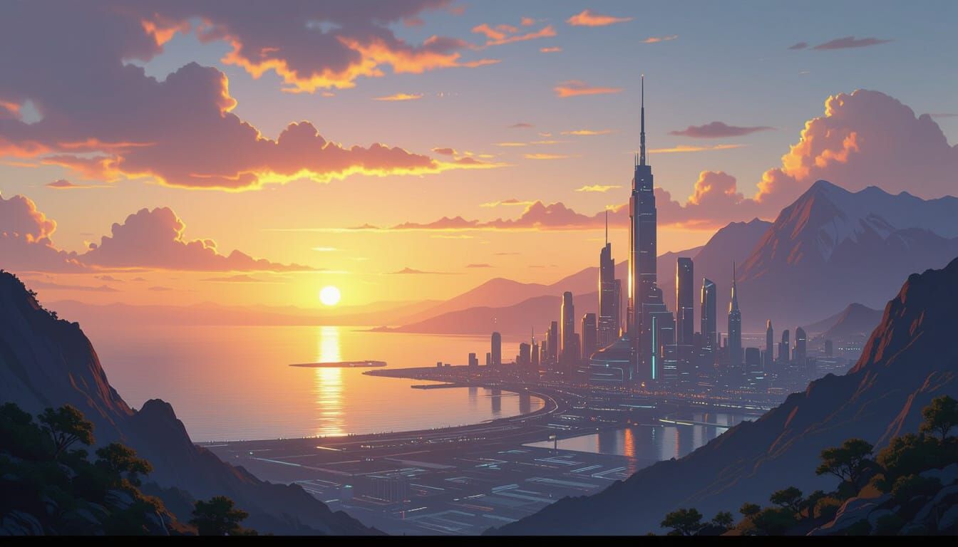 Cyberpunk City Sunset: Fantasy Concept Art