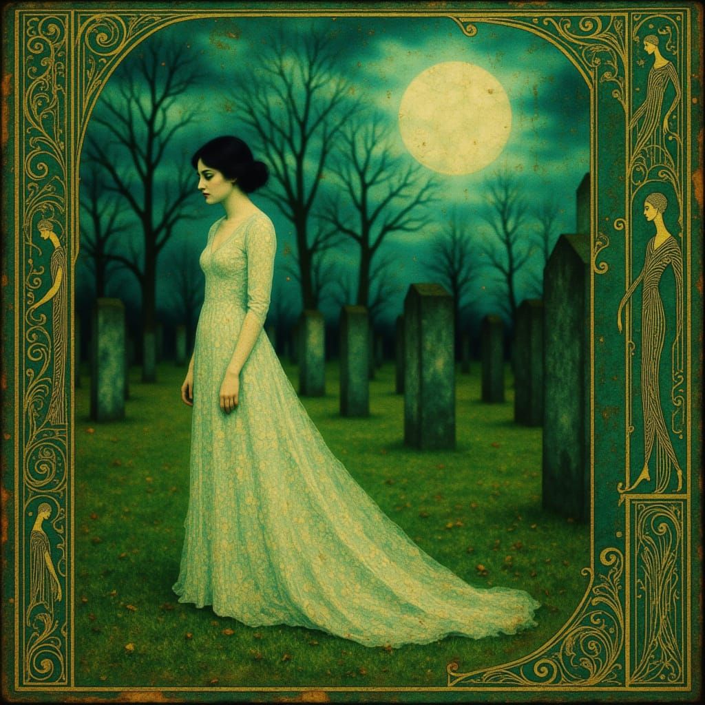 Spectral Woman in Moonlit Graveyard, Ethereal Glow