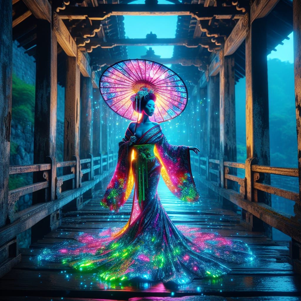 Geisha on Temple Bridge in Hyperrealistic Style