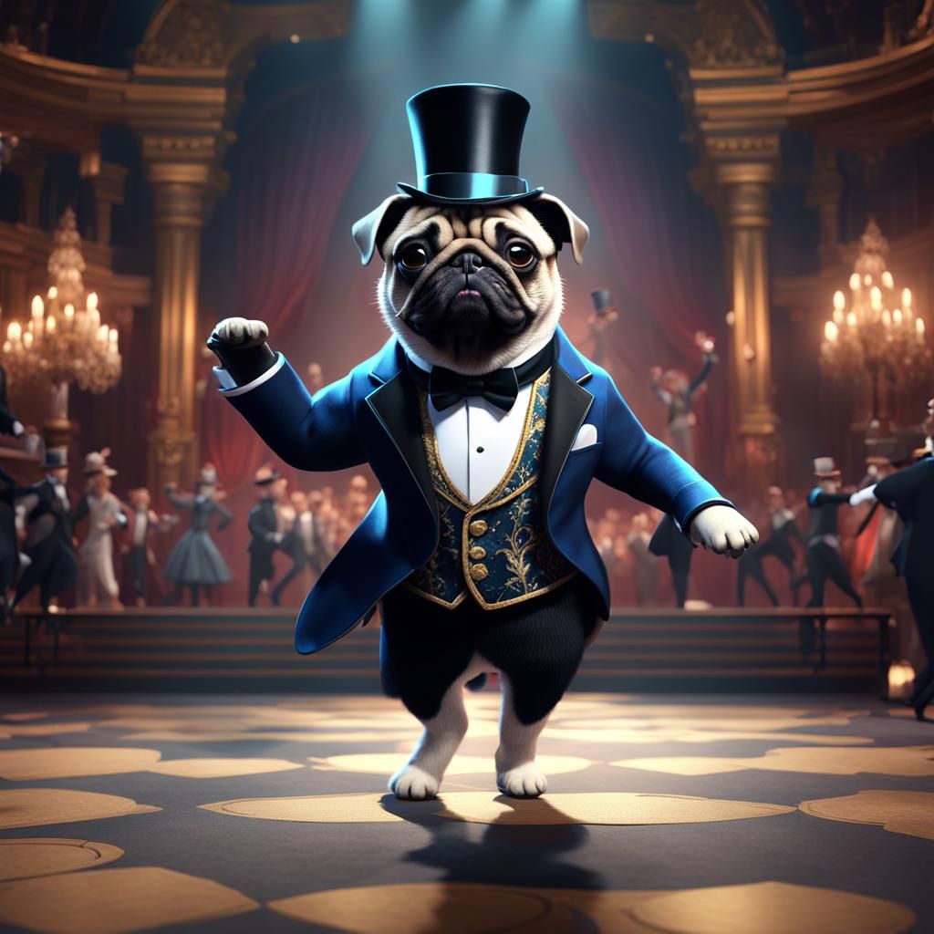 Anthropomorphic Pug Dog Dancing on Stage in 3D Render