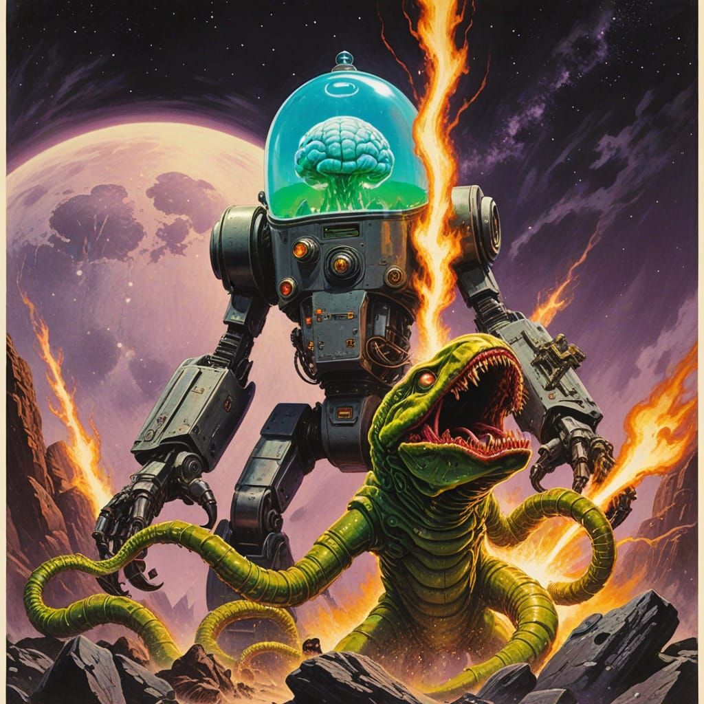 Retro Sci-Fi Robot Battles Alien in Cosmic Horror