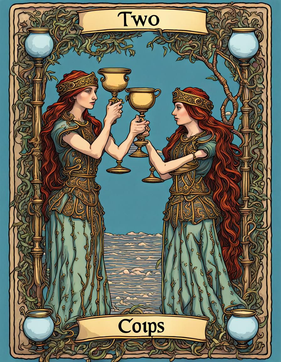 Intricately Detailed Tarot Card: Two of Cups