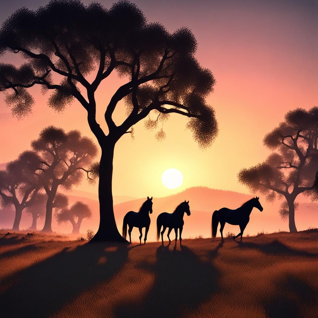 Sunset Silhouette: Horses and Trees in Digital Art