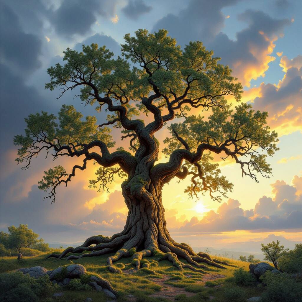 Ancient Oak Tree Under Stormy Sky with Ethereal Light