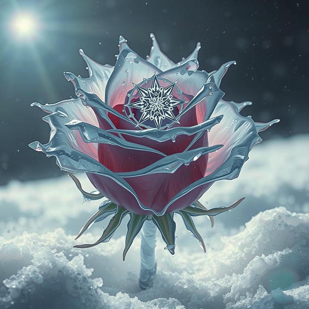 Frozen Crimson Rose in Ice Shards