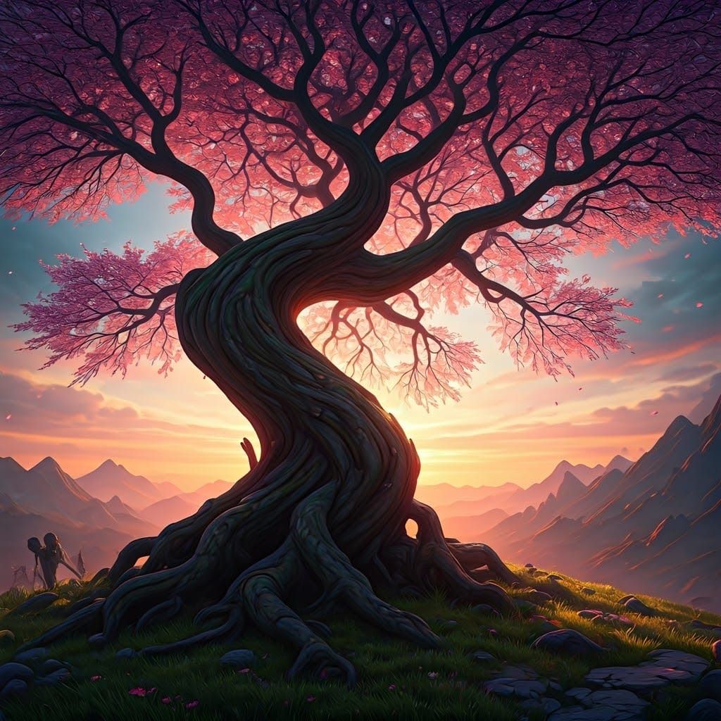 Japanese Cherry Blossom Tree in Vibrant Sunset