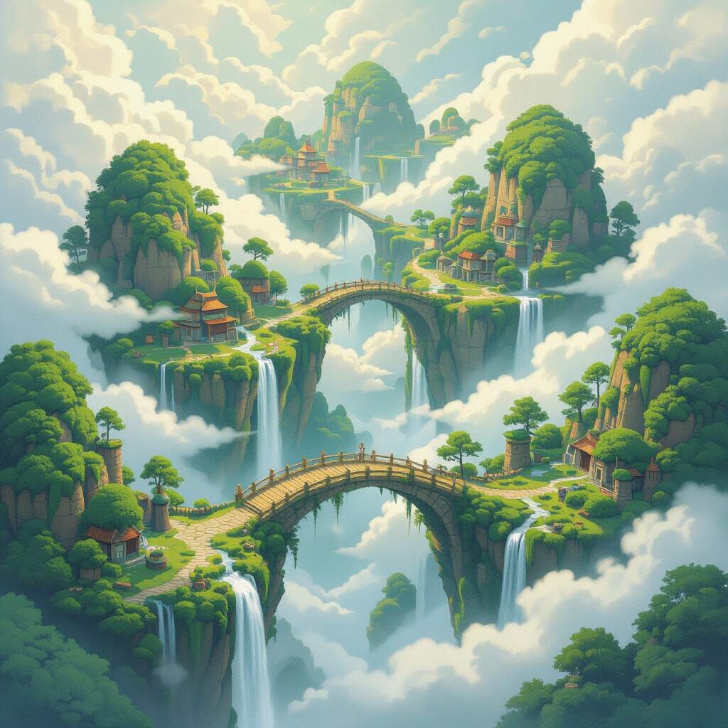 Floating Islands with Misty Waterfalls in Ghibli Style