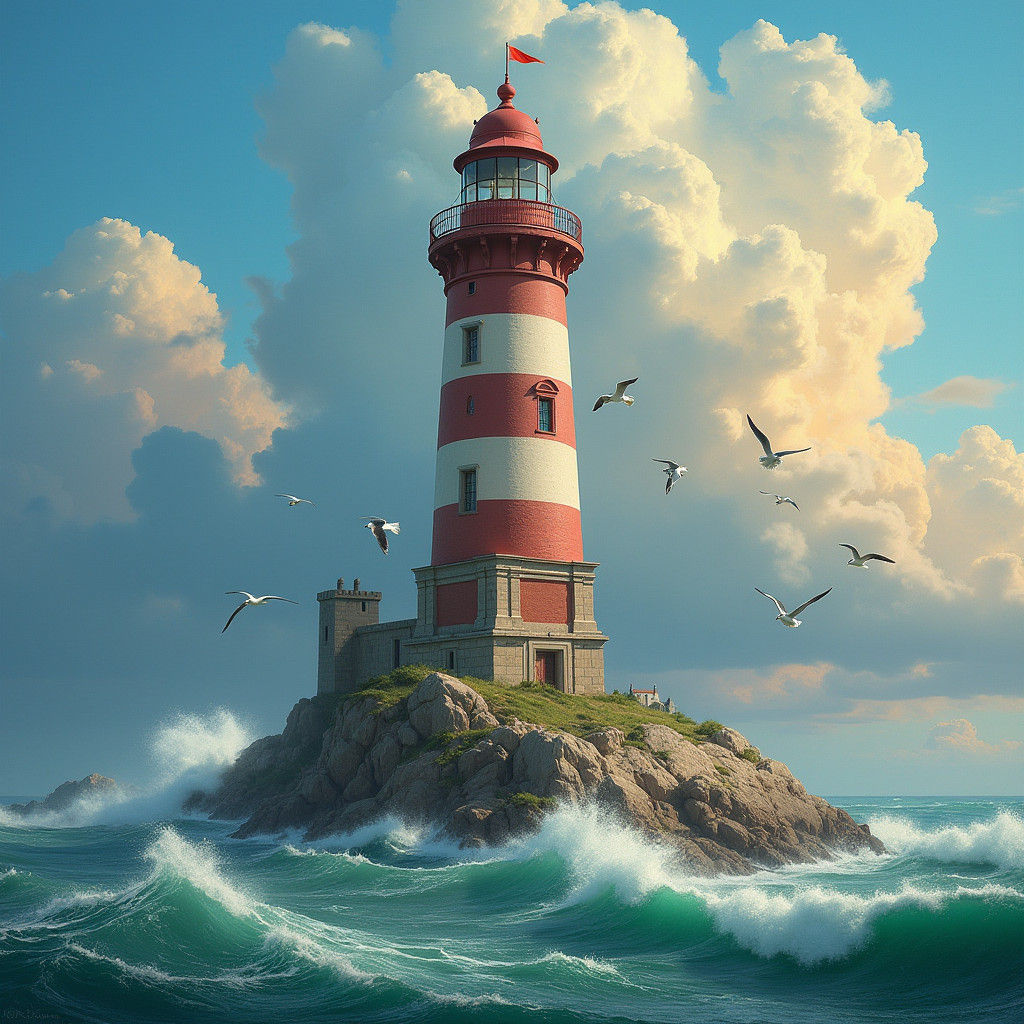 Striking Lighthouse Scene with Crashing Waves