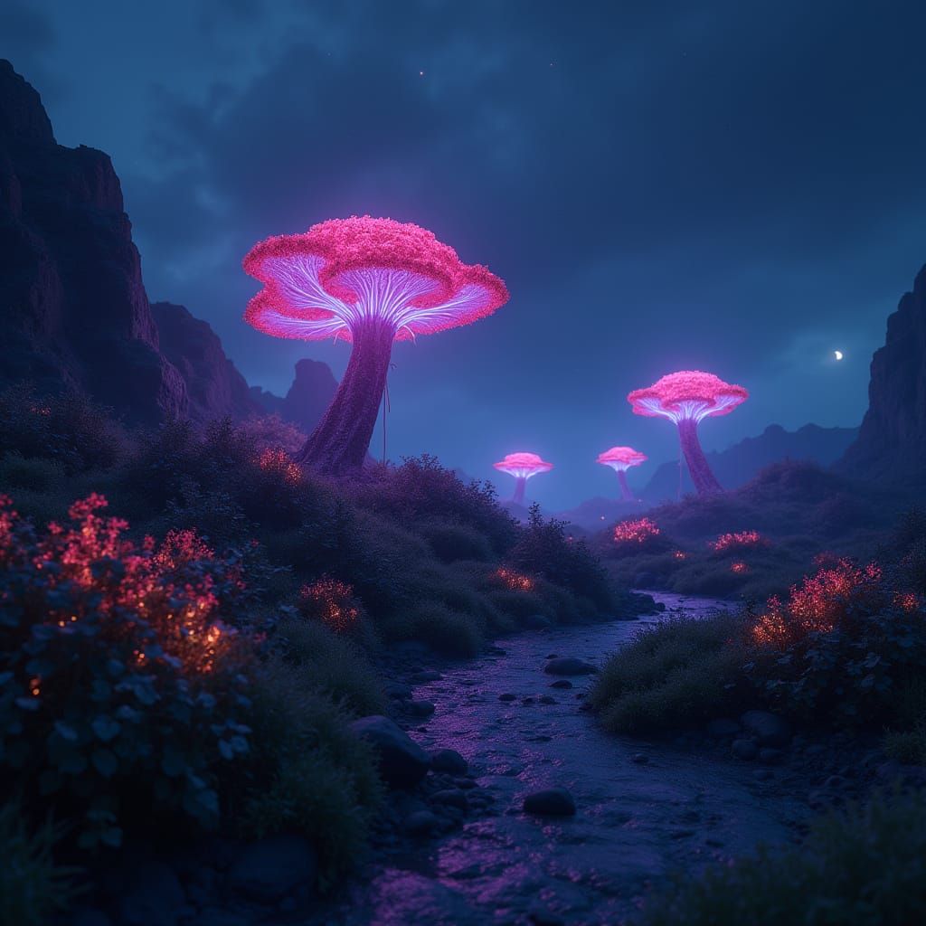 Alien World Illuminated by Glowing Bioluminescent Plants
