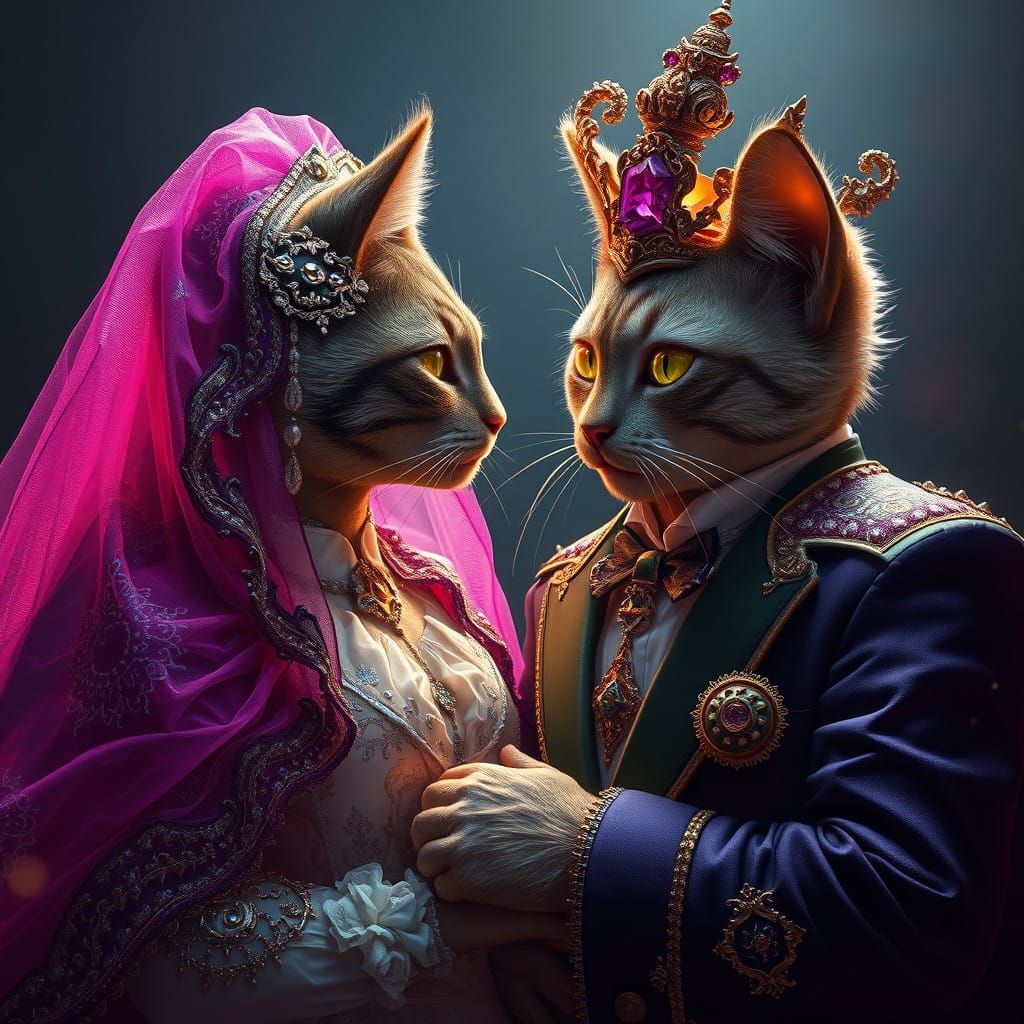 Dramatic Dark Fantasy Cat Wedding Art in Cyberpunk Style
