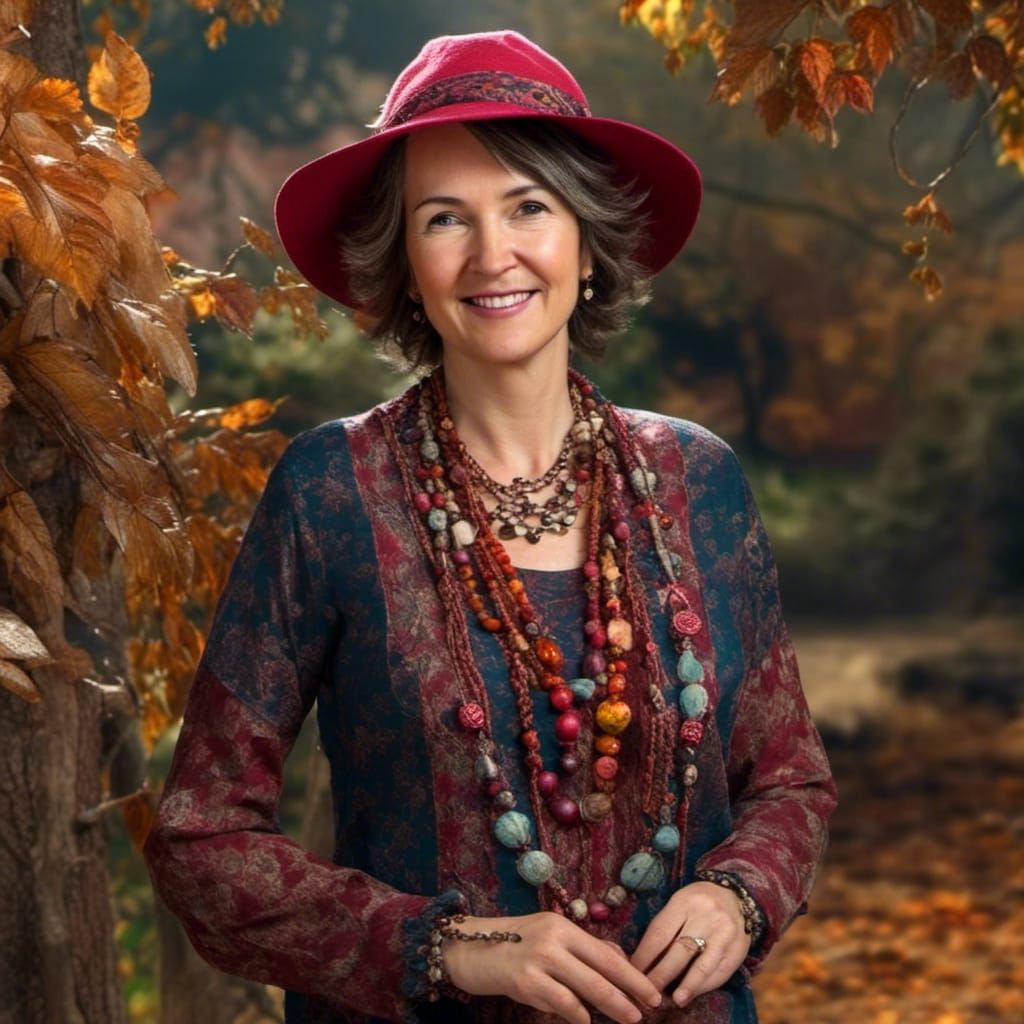 Colorful Hippy Woman in Autumn Garden Art