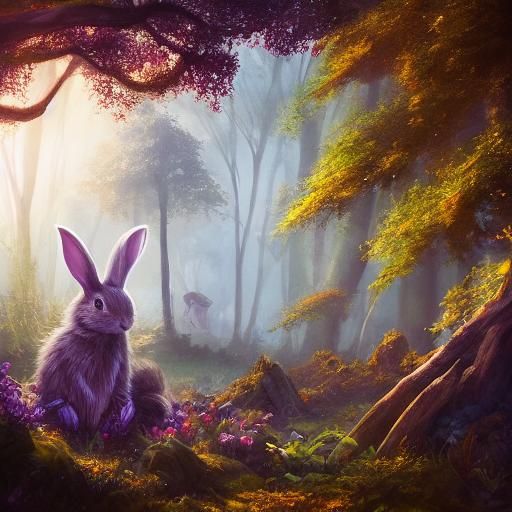 Fantasy Forest Scene with Cute Animals as Oil Painting