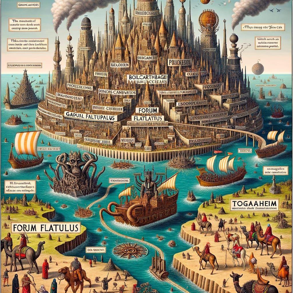 Humorous Medieval Map with Fantasy Cities