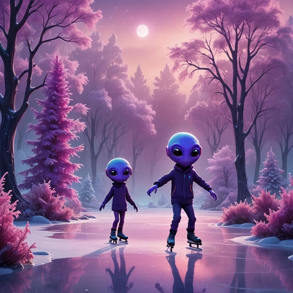 Purple Alien Kids Ice Skating: Cartoon Fantasy