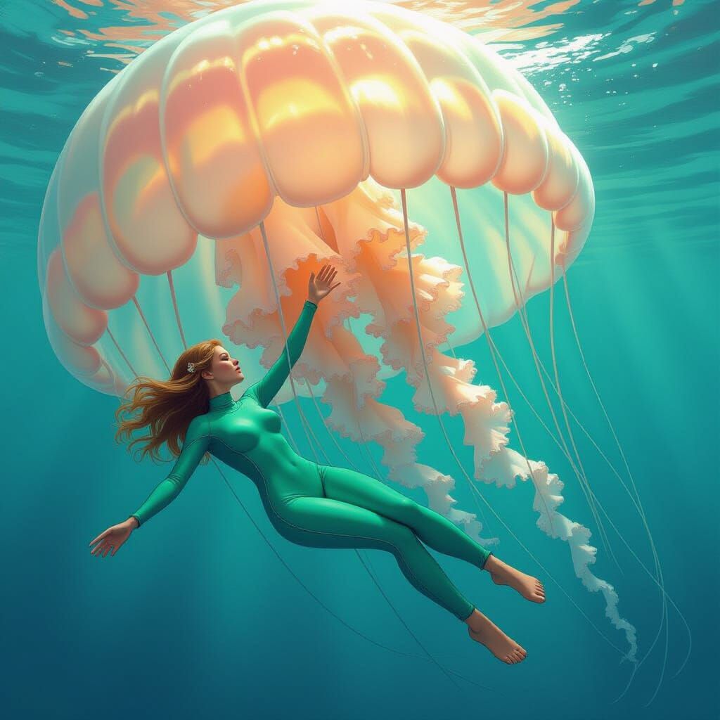 Elf and Jellyfish in Dreamlike Fantasy Scene