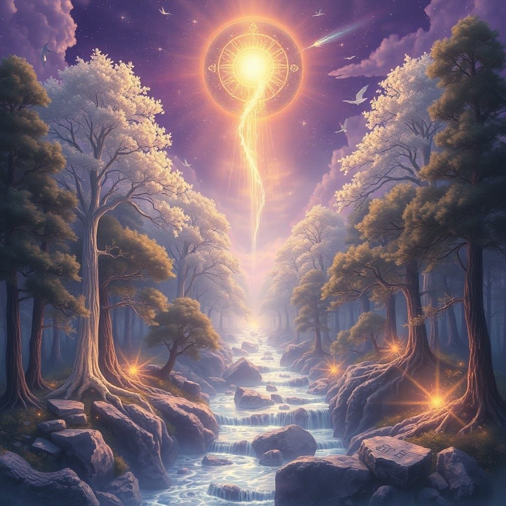 Ethereal Crystal Forest Under Violet and Gold Sky